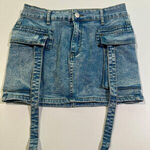 Womens Cargo Low Waist Denim Mini Skirt with Flap Pockets